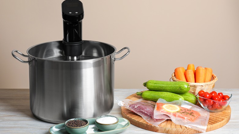 Sous vide system with vacuum sealed salmon and vegetables