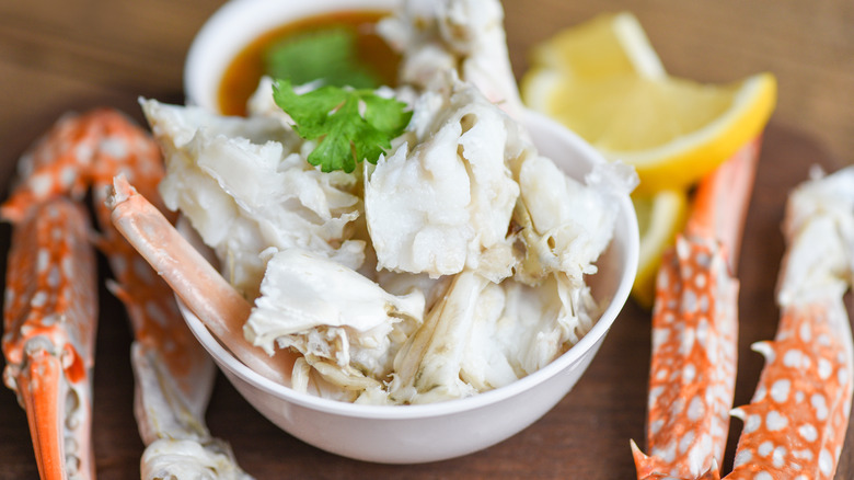 crab meat in white bowl