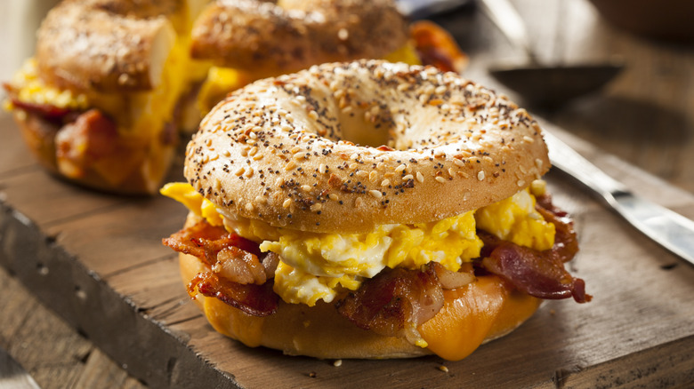 A bacon, egg and cheese on an everything bagel.