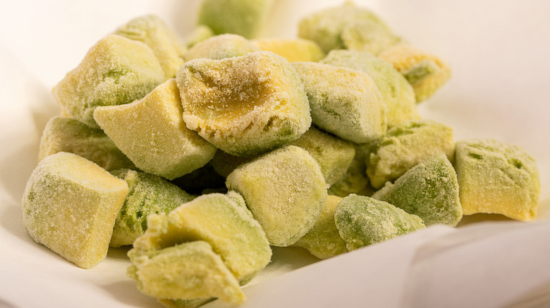 Closeup of frozen avocado chunks