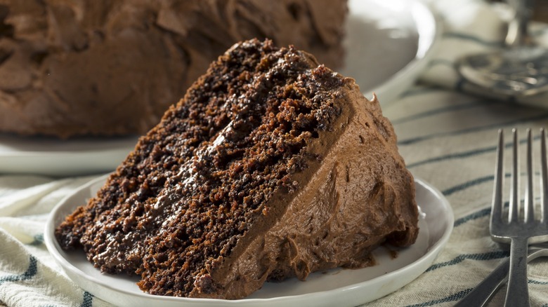 moist slice of chocolate malted cake