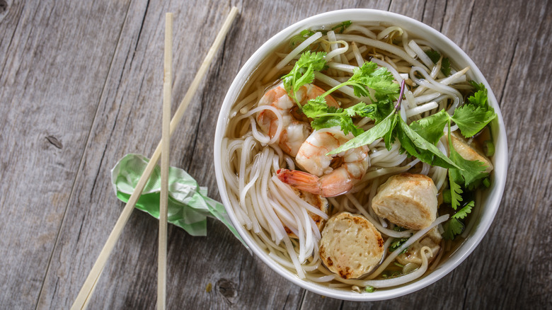 Pho with shrimp and fish cakes