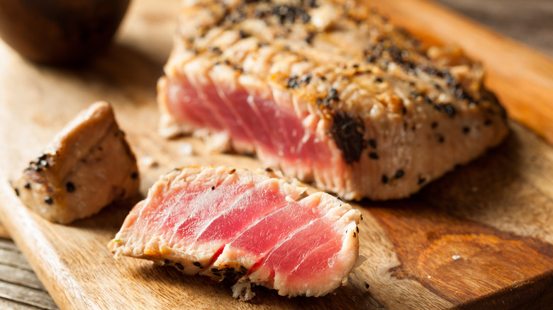 Seared tuna on a board