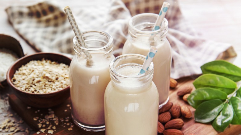 three bottles of plant milk