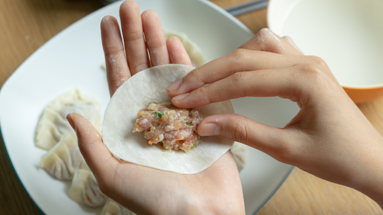 Person filling jiaozi dumplings