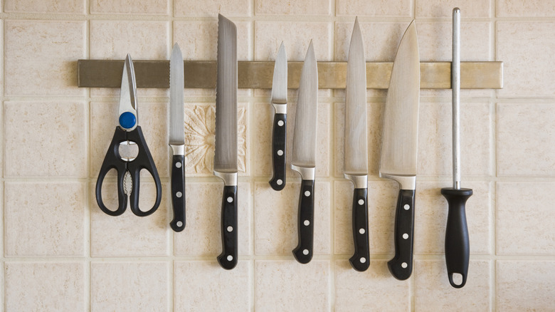 Magnetic knife strip on a wall