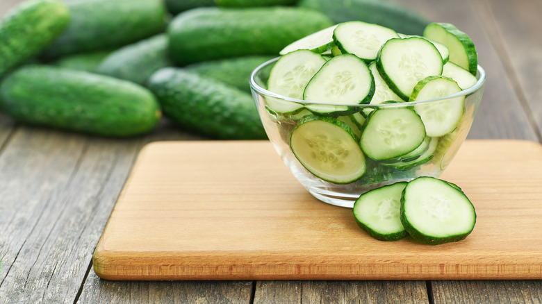 Bowl of sliced cucumber