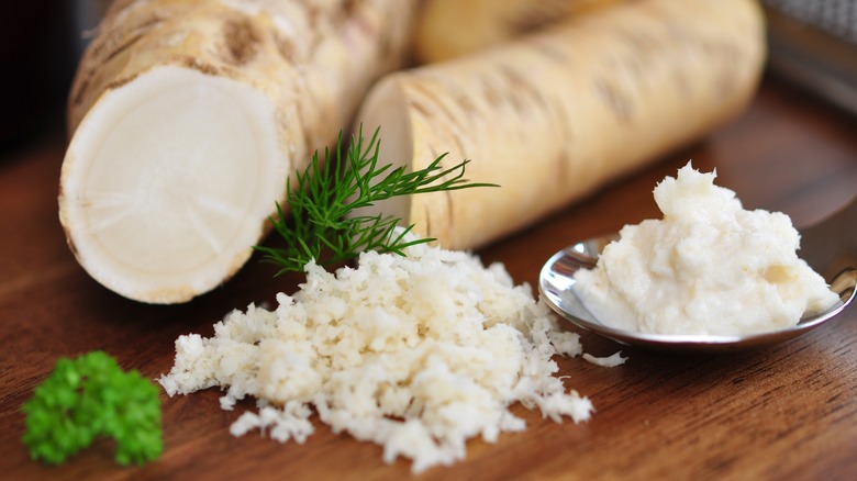 Minced and whole horseradish root