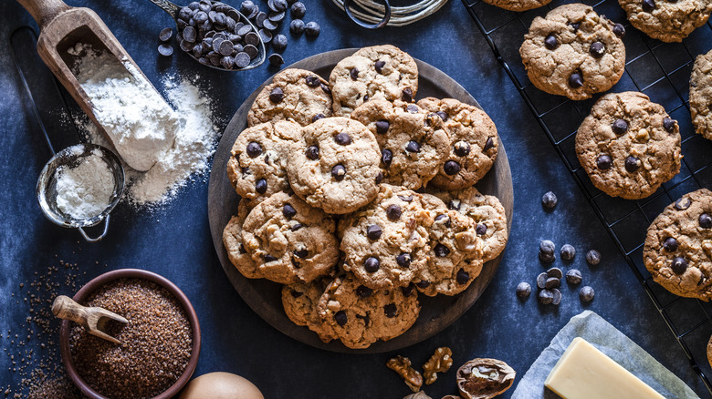 Chocolate chip cookies and ingredients