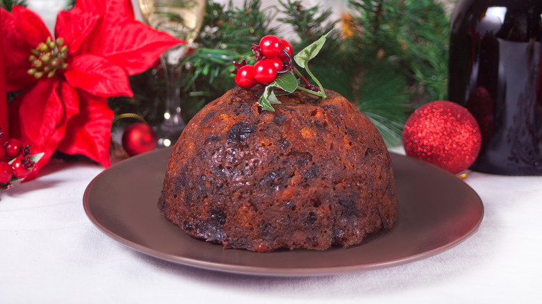 figgy pudding garnished with holly