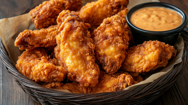 Basket of fried chicken with dipping sauce