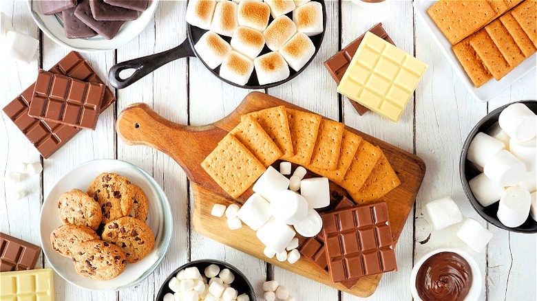 s'mores ingredients on serving board