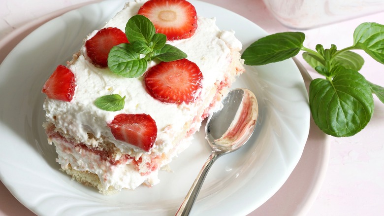 Strawberry tiramisu with fresh herbs