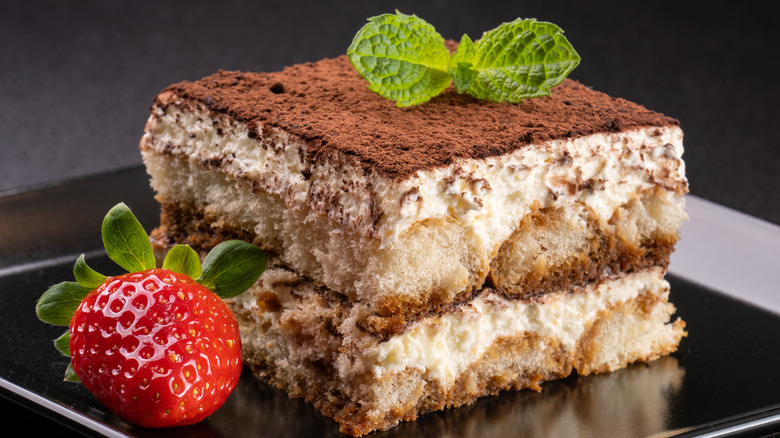 Square of tiramisu with strawberry