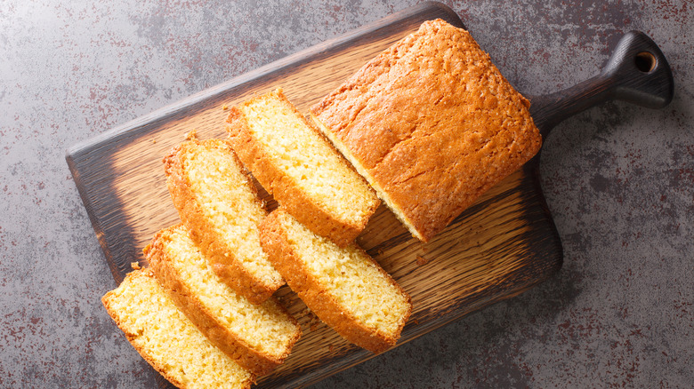 Sliced pound cake on a cutting board