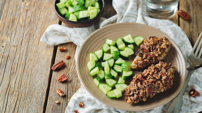 Pecan-crusted chicken with cucumbers