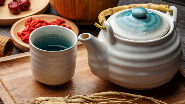 teapot tea wooden board