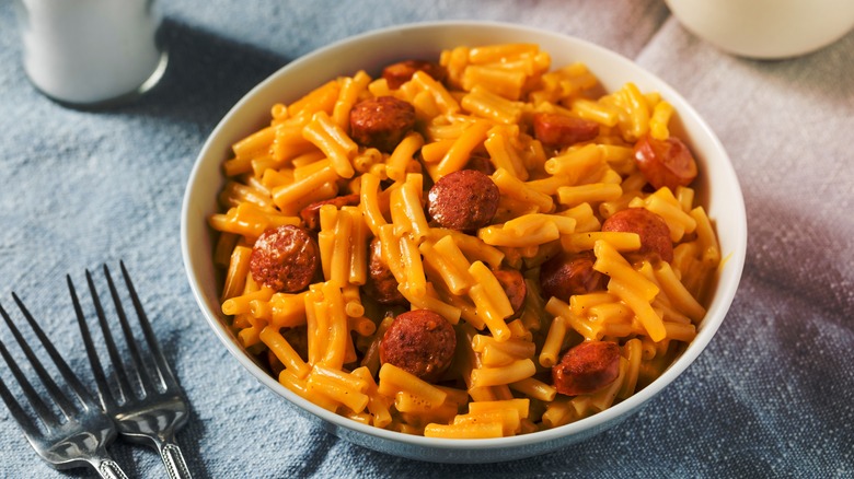 Instant mac and cheese with sausage or hot dog