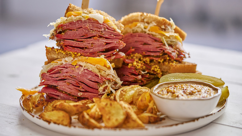 Double decker Reuben sandwich halves