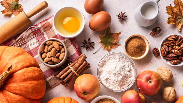 Thanksgiving pie ingredients assembled on a festive surface