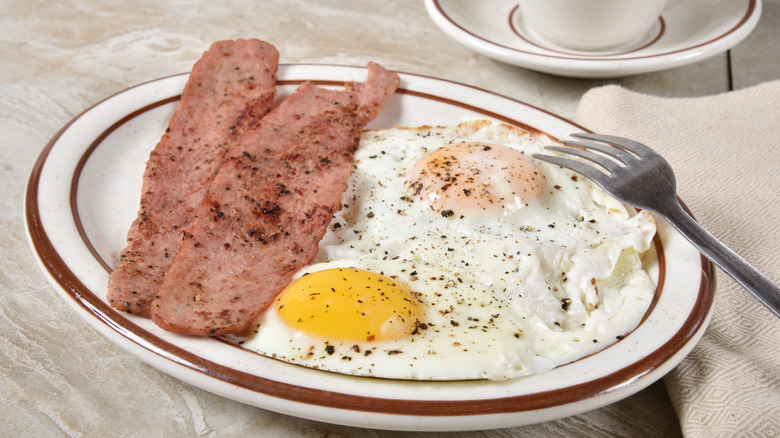 turkey bacon with eggs and pepper on a plate