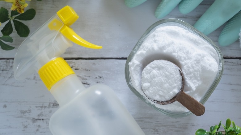 Top-down view of baking soda with a spray bottle and gloves