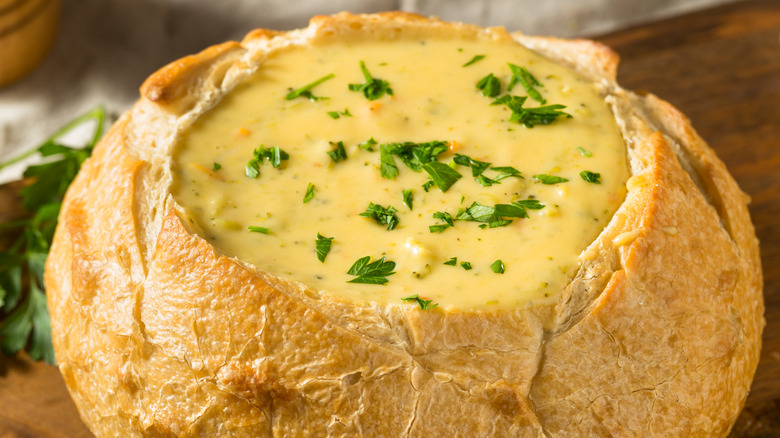 Cheddar soup in bread bowl