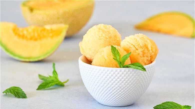 Cantaloupe sorbet in white bowl