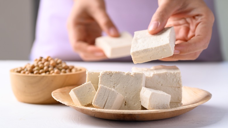 Person holding firm tofu slices