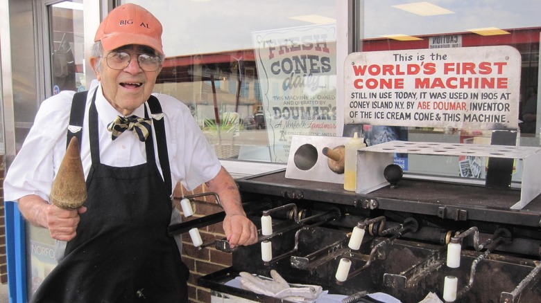 Albert Doumar in front of Abe Doumar's first cone machine