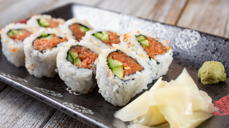Spicy tuna rolls on platter