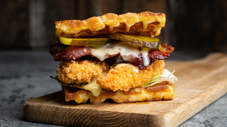 Chicken sandwich on savory waffles