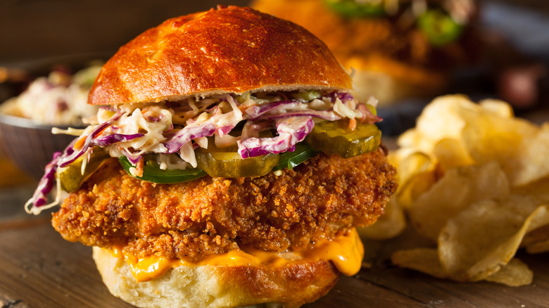 Fried chicken sandwich with fixings