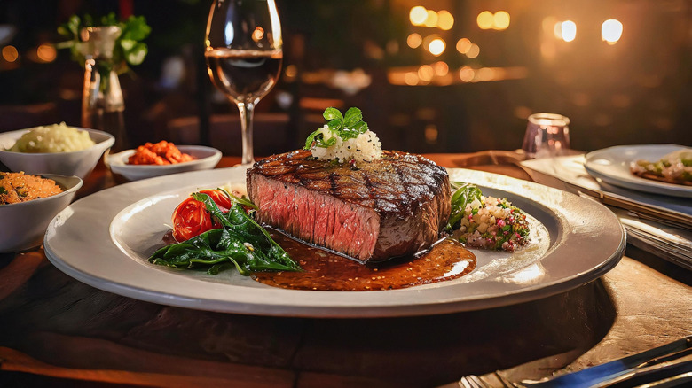 steak and sides set out on a table at a fancy restaurant