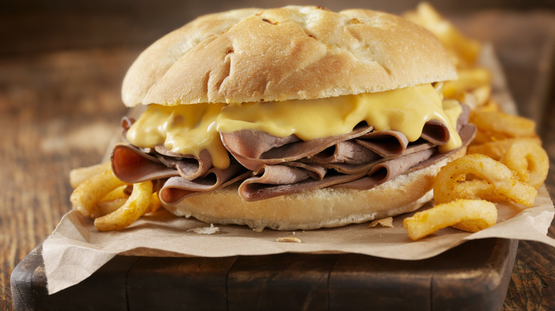 Roast beef cheddar sandwich with fries