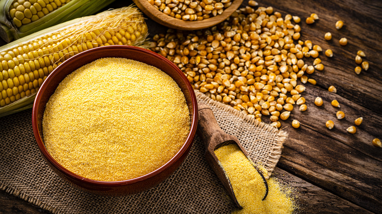 bowl of cornmeal, corn, kernels