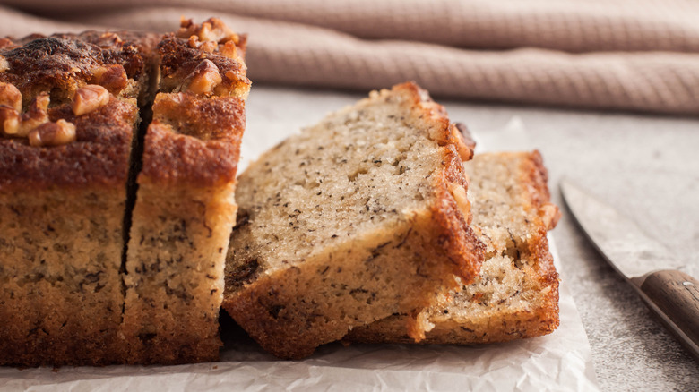 Slices of banana bread on a cutting board