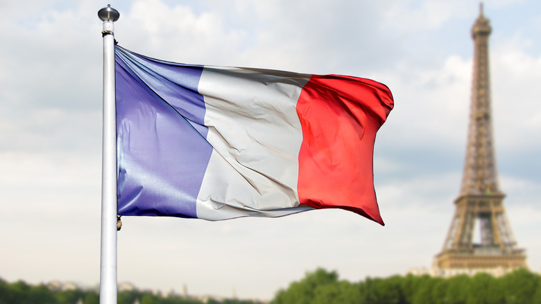 The French flag waving in front of the Eiffel tower