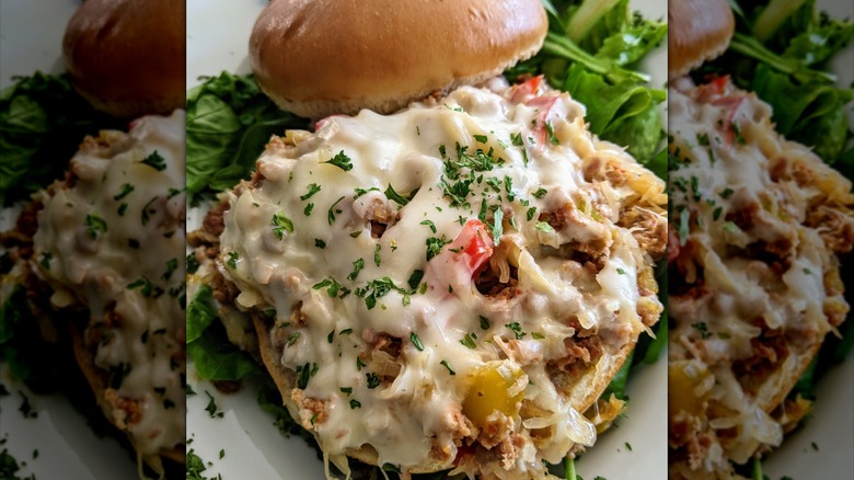 sloppy otto with sauerkraut and cheese, herbs and garden salad