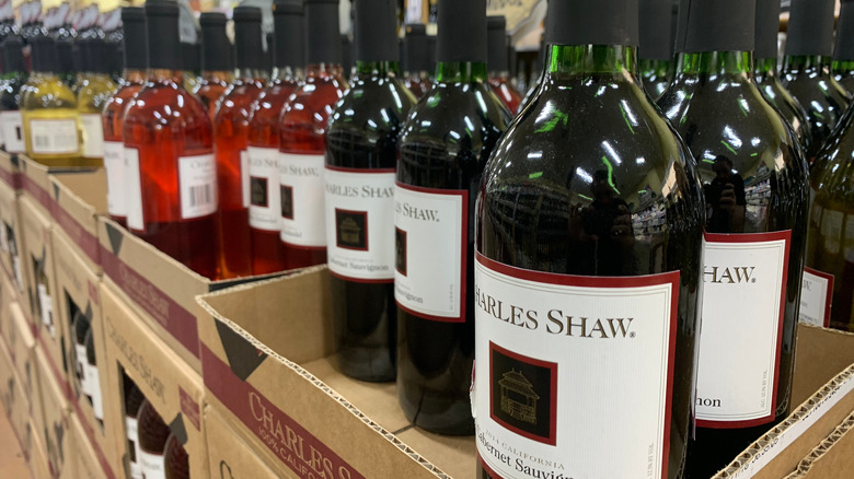 Charles Shaw wine bottles lined up at store