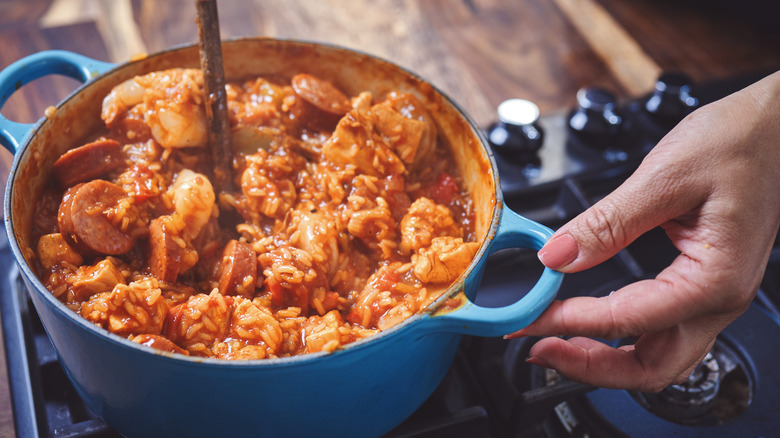 Cajun jambalaya in a pot