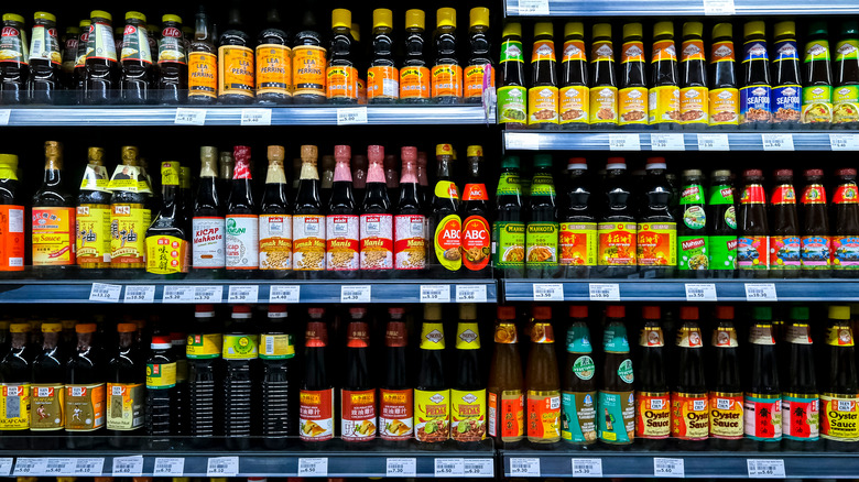 Sauces on the shelves of a grocery store