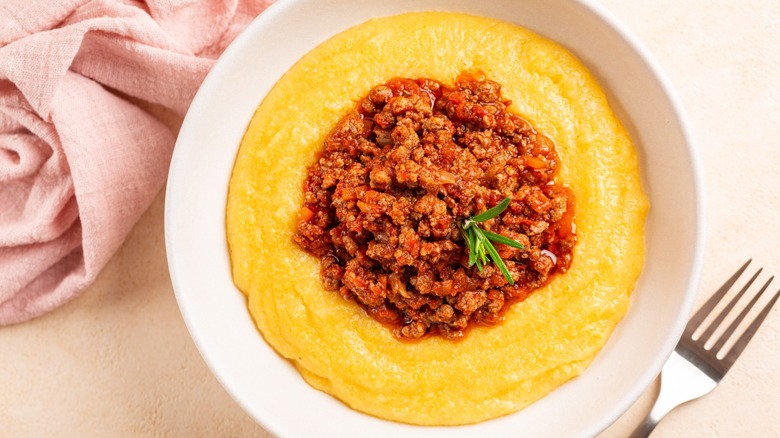 polenta with ragu in bowl