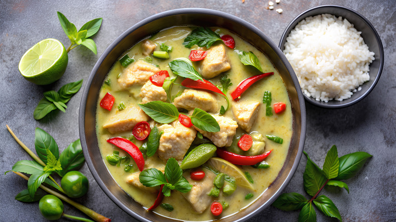 Thai chicken green curry in coconut milk served with steamed rice