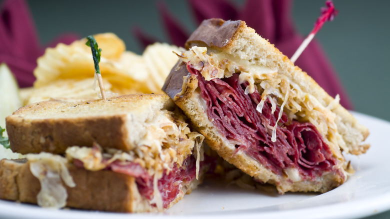 Close-up of a corned beef reuben