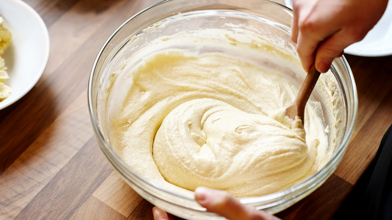 mixing cake batter in bowl