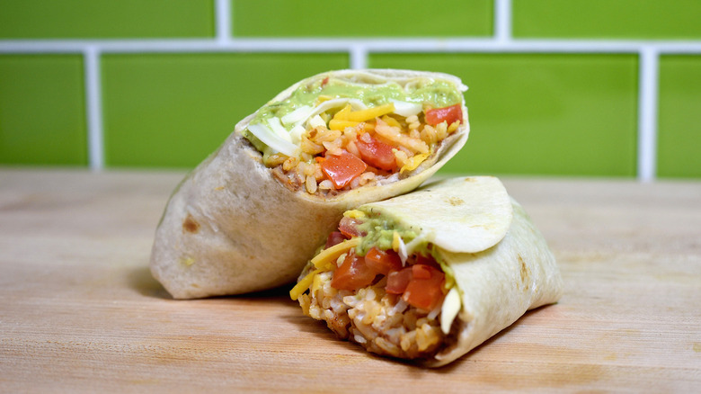 Vegetarian burrito sliced in half