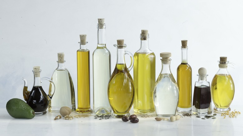 Bottles of oil lined up