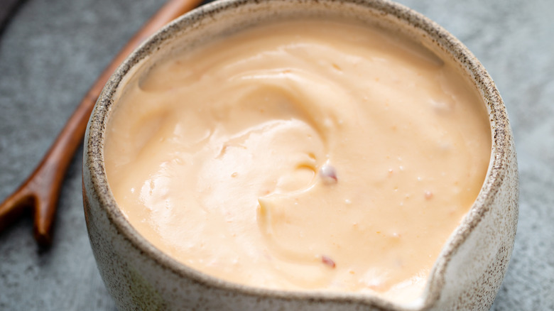 Pink sauce in ceramic dish