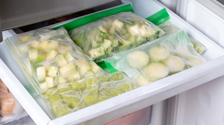 Frozen zucchini in freezer drawer